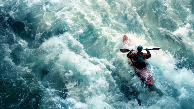 Kayaker battling fierce rapids in churning waters