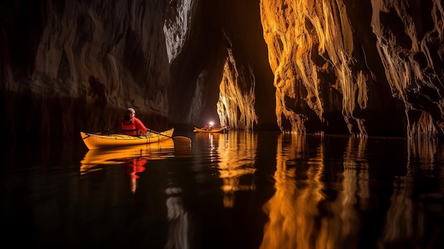 A kayaker in a cave with the light on