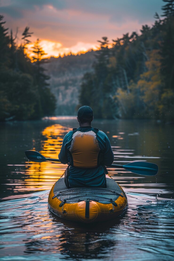 Photo kayaker enjoys sunset on serene lake in autumn wilderness a person paddles a kayak as the sun sets over the tranquil waters surrounded by autumn foliage