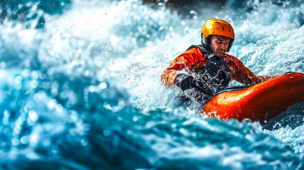 Foto kayaker in actie op raging riverxa