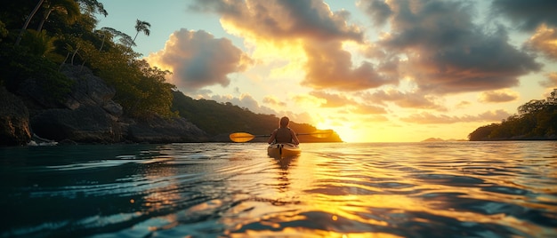 Kayaker in de Caribische baai bij zonsopgang Solo Een serene achtergrondbeeld