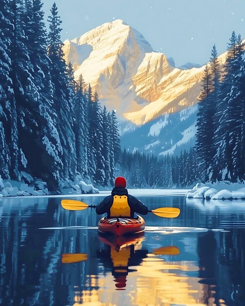 a kayaker is in a kayak with a mountain backdrop