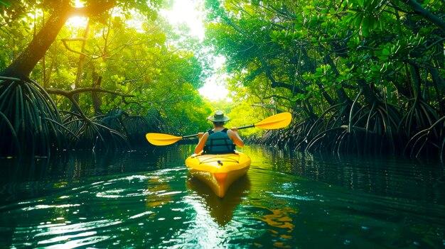 Каякер, плавающий через мангровый лес
