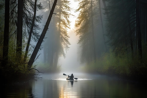 Kayaker paddling through misty morning forest created with generative ai