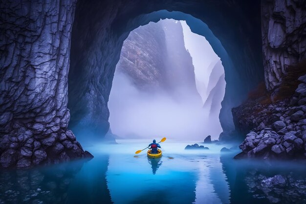 Kayakers enjoying the beautiful rocky landscape Neural network generated art