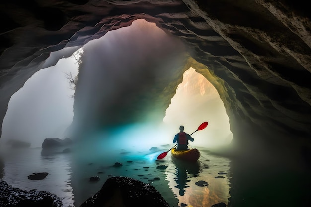 Kayakers enjoying the beautiful rocky landscape Neural network generated art