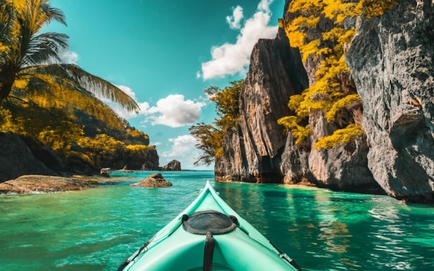 Kayaking in crystal clear waters on a beautiful tropical beach