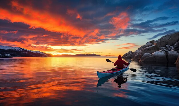 Photo kayaking into the golden horizon