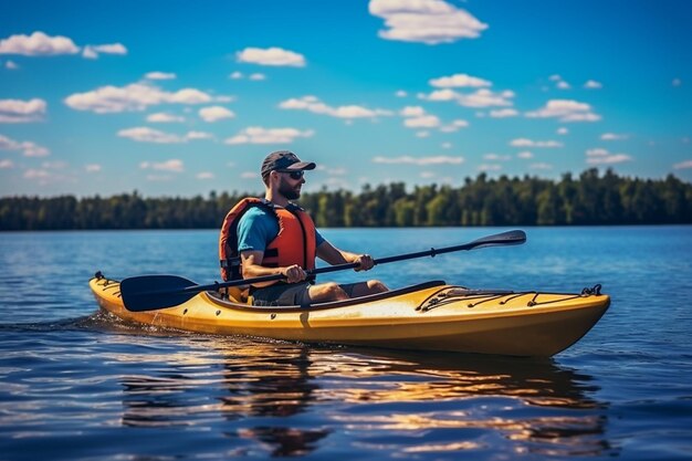Kayaking man paddling a kayak canoeing paddling