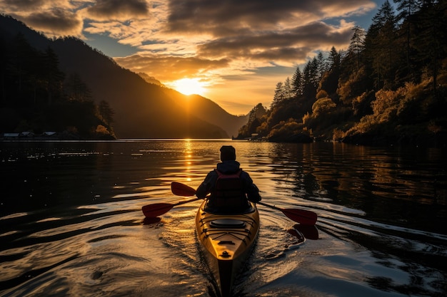 Kayaking ride in lake between green hills at sunset generative IA