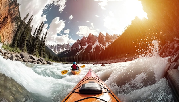 Kayaking in whitewater rapids of mountains river wide angle view extreme water sport outdoor nature