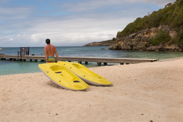 Kayaks on the beautiful sandy Caribbean beach