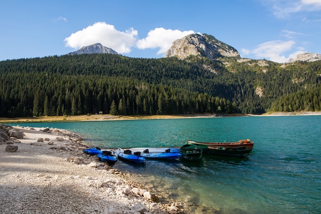 Kayaks boats stand in the lake in the mountains of Montenegro