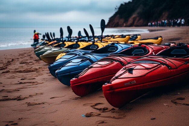 Kayaks lined up on the shore