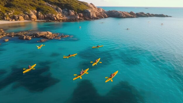 Kayaks on the water in the sea, aerial view