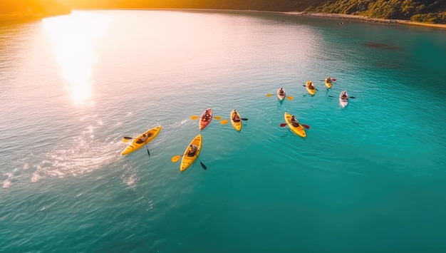 Kayaks on the water at sunset