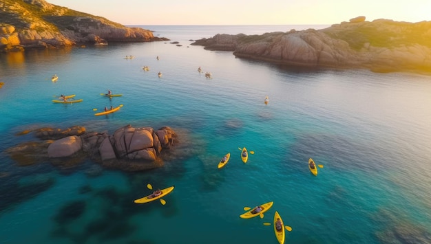 Kayaks in the water at sunset