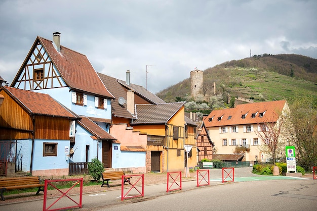 Kaysersberg FranceApril 52019 Street with historical halftimbered houses in Alsace