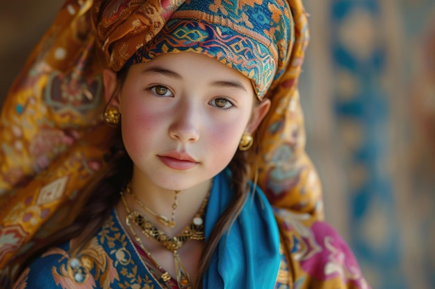 A Kazakh girl dressed in vibrant traditional attire