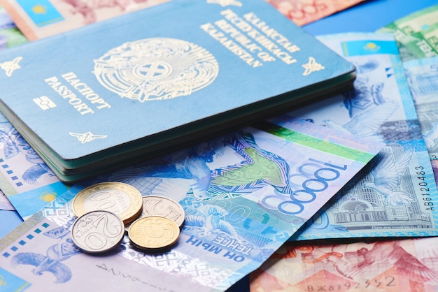 Kazakh money and passport close up