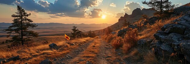 Kazakhstan Flag Waving On Sundown Sky Background Image