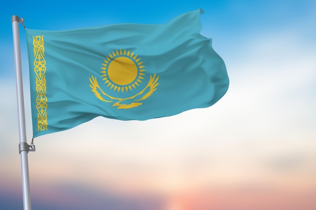 Kazakhstan Waving Flag on blue sky with National Symbol official emblem