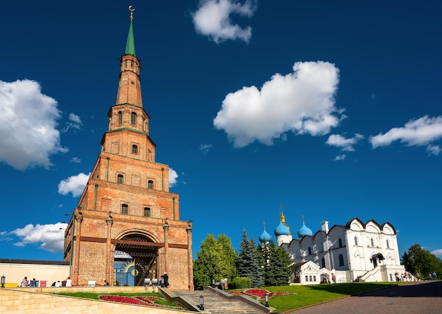 Kazan Kremlin in summer Russia Old Suyumbike Tower with entrance to residence of Tatarstan President