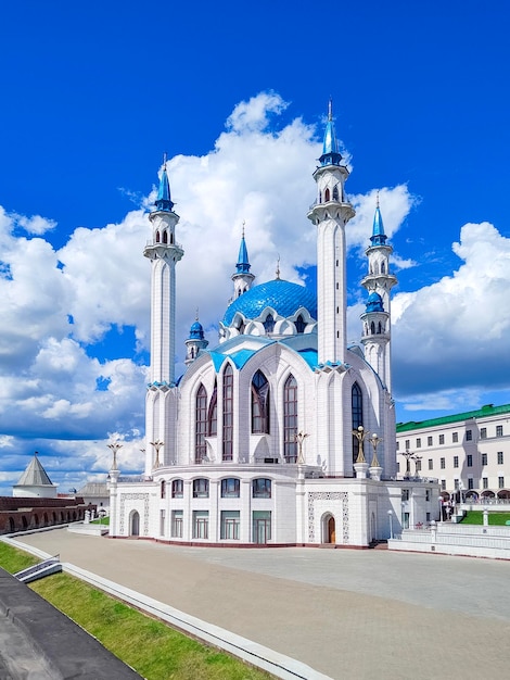 Kazan kremlin in summer, tatarstan, russia. aerial view of kul sharif mosque