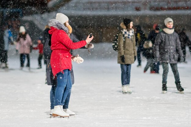 KAZAN RUSSIA 22 JANUARY 2017 People on skating rink in the evening