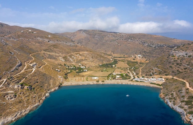 Kea Tzia island Cyclades Greece Spathi bay and beach aerial drone view