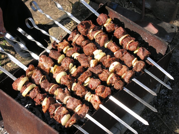 Kebab on iron stick cooking