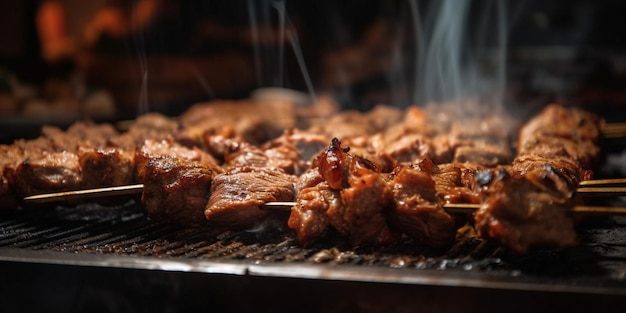 Kebab meat on skewers in front of the grill in the restaurant