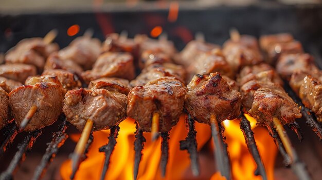 グリルの前にあるスキーバーのケバブ肉