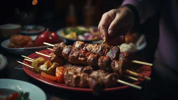 Kebab met rundvlees in de handen van een klant in een restaurant