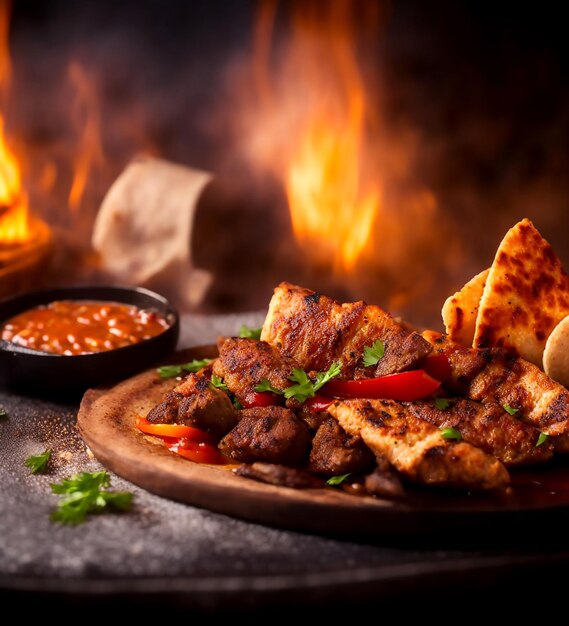 kebab platter featuring pieces of marinated lamb served with a side of freshly baked flatbread