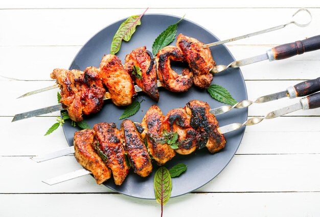 Kebab on skewers with nettle marinade.Meat on skewers,barbecue