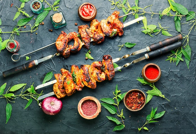 Kebab on skewers with nettle marinade.Meat on skewers,barbecue