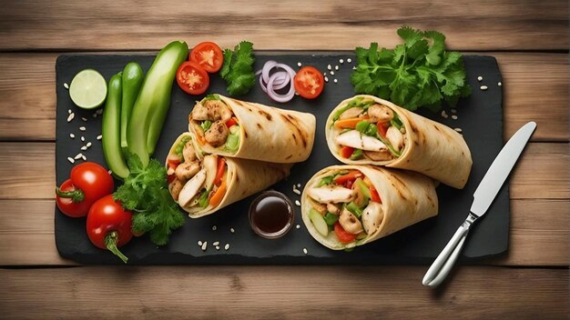 Kebab vegetable taco tortilla Shawarma with beef in pita bread food AI generated image