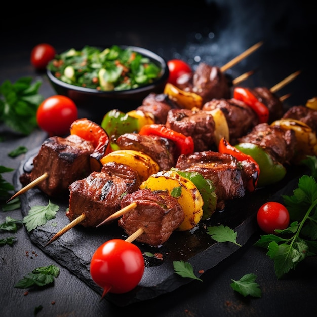 A kebabs grilled meat skewers shish kebab with veg