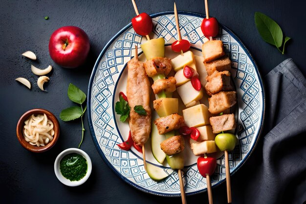 ケバブは、黒い木製の背景に野菜と肉の串焼きシシカバブ