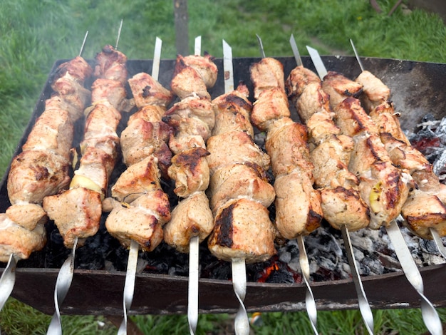 串に刺したケバブをグリルで焼きます