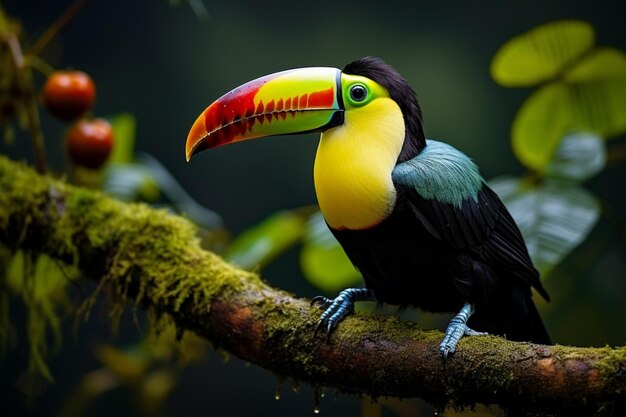 Keel billed toucan perched on a forest branch in panamas lush greenery