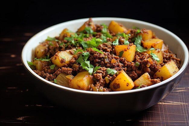 Foto keema aloo gemalen rundvlees en aardappelen indiase voedsel