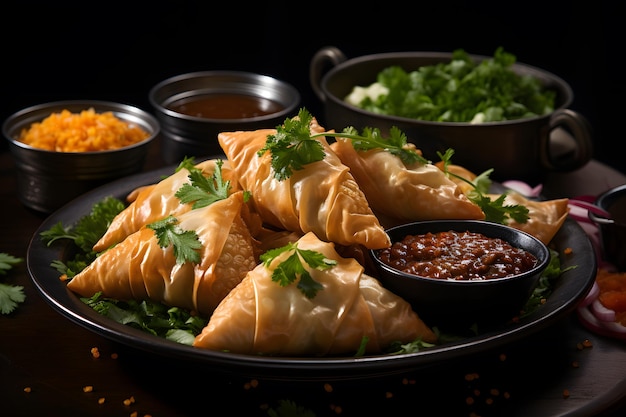 Индийская закуска Keema Samosa подается на красочной тарелке или блюде