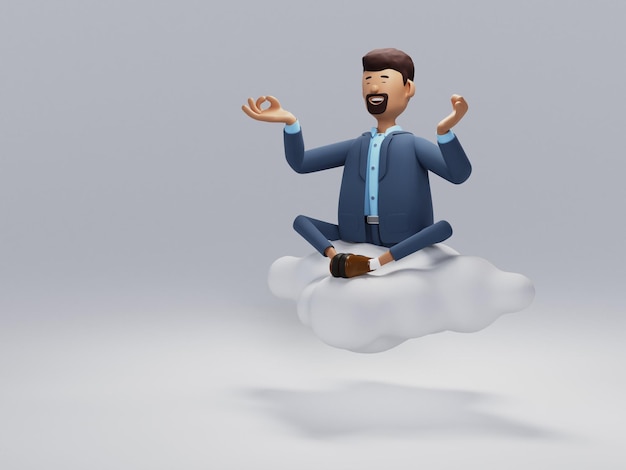 Foto mantenere il concetto di business calmo personaggio dei cartoni animati uomo d'affari meditando in posizione di loto yoga seduto su una nuvola isolata su sfondo bianco illustrazione 3d