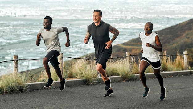 Keep the pace Shot of a group of men exercising in nature