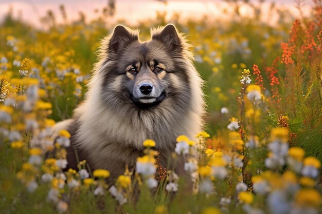 晴れた日に鮮やかな野生の花や草に囲まれた牧草地に座っているキースホンド犬 ai 生成