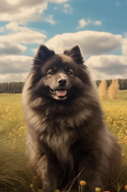 Photo keeshond dog on a sunny field generative ai