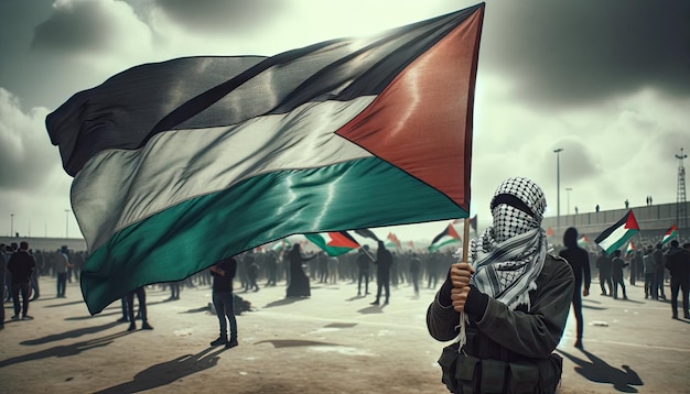 Keffiyeh en de Palestijnse vlag bij een bijeenkomst