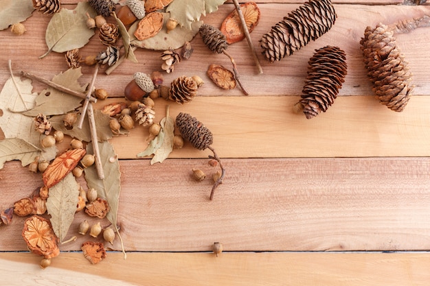 Kegels, eikels en stukken hout op een houten achtergrond